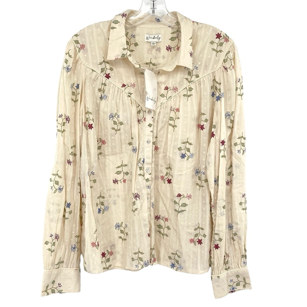 Wonderly Western Boho Floral Print Button Down Top New Cream Size Large